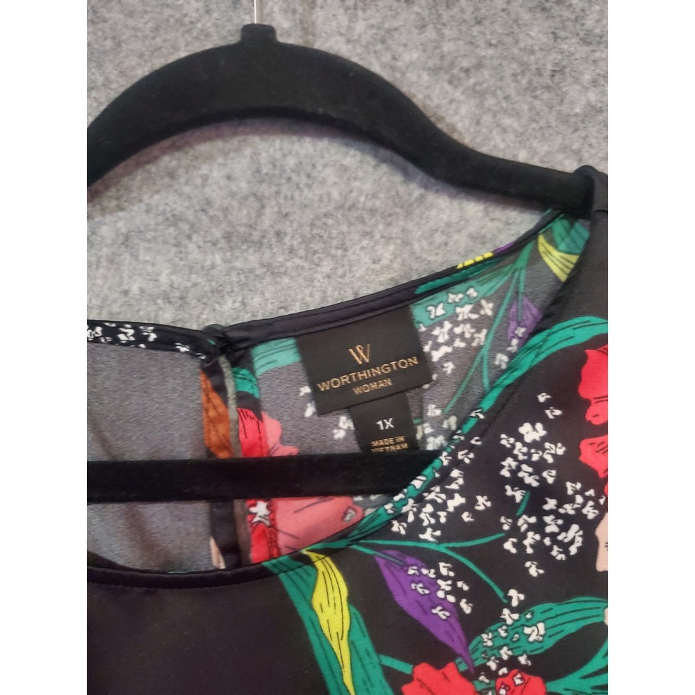 🌷 NWOT Worthington Womens 1X Floral Tie Front Satin Texture Blouse - Picture 10 of 11